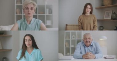 İş adamları ekibi video konferansında grup içi sanal sohbet görüşmesi ev ofisinden çalışıyor. Çevrimiçi eğitime katılan çalışanlar grubu, giyim kuşam ya da mesafe toplantısı. Kolaj ekranı görünümü