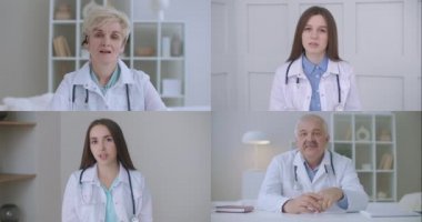 Doktor eğitimli tıp çalışanları grubu sanal konferans web kameraları kolajı sohbet uygulaması ekran görüntüsü öğretiyor. Teletıp uzaktan eğitim webinar, elearning konsepti.