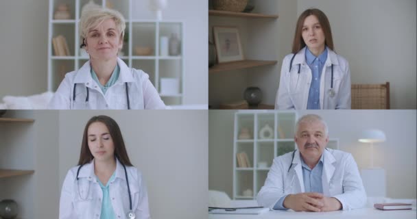 Médico con auriculares videoconferencia formación terapeuta y cirujano sobre pandemia de virus corona durante la videollamada de conferencia de grupo, aplicación de chat webcam virtual. — Vídeos de Stock