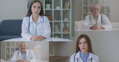 Kulaklık takan doktor grup konferansı sırasında Corona virüsü salgını hakkında eğitim terapisti ve cerrahı görüntülü konuşma uygulaması, sanal webcam sohbet uygulaması.