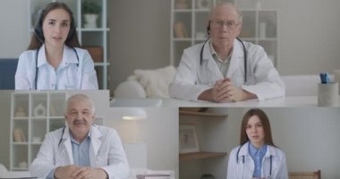 Kulaklık takan doktor grup konferansı sırasında Corona virüsü salgını hakkında eğitim terapisti ve cerrahı görüntülü konuşma uygulaması, sanal webcam sohbet uygulaması.
