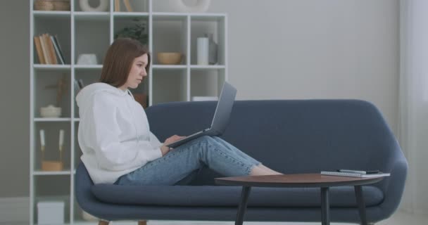 Laag zicht op een vrouw die op een bank zit en naar haar laptop kijkt. Freelance carrière. Vrolijke dame werken op laptop computer zitten op de bank thuis. — Stockvideo