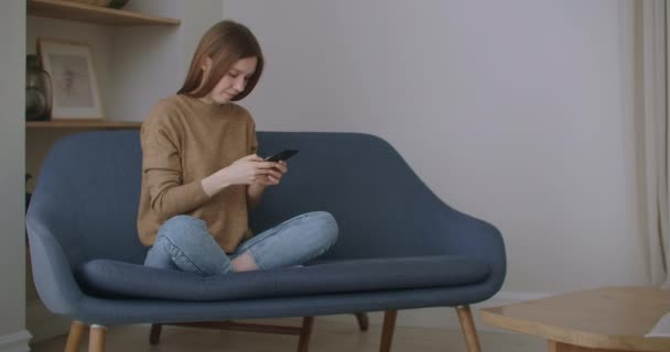 Affärskvinna skriva meddelande på mobiltelefon på hemmakontoret. En ung flicka som pratar i telefon i slow motion. Närbild ung kvinna händer med hjälp av smartphone på soffan. — Stockvideo