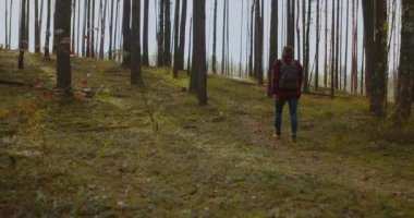 Sırt çantalı genç adam sonbaharda gün batımında dağlara karşı yürüyor. Spor adamı, çayır, karlı kayalar, portakal ağaçları, evler,