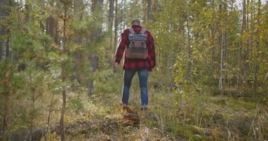 Açık Hava Faaliyetleri Doğadaki Seyahat Konsepti Adamı. Ulusal Park 'taki Field Road' daki Yürüyen Şahsın Arka Görünümü. Otuz 'lu yılların Turist Yürüyüşü Bir Çevrede Doğa Gezisinde