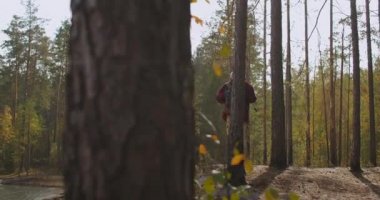 Yürüyüşçü sonbahar güneşli bir günde ormanda tek başına yürüyor. Balıkçı ormanı gölle keşfediyor. Hafta sonları sakin bir eğlence.