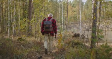 Çubuklu ve sırt çantalı balıkçı, sonbahar günü, sarı ağaçlar ve kuru otlar eşliğinde ormandan geçerek nehre doğru yürüyor.