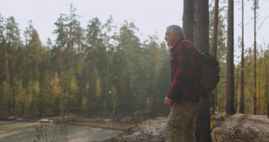 Çubuklu ve sırt çantalı bir adam sonbahar günü ormanlıkta yürüyor, hafta sonları tek başına yürüyüş yapıyor ya da doğada tatil yapıyor.