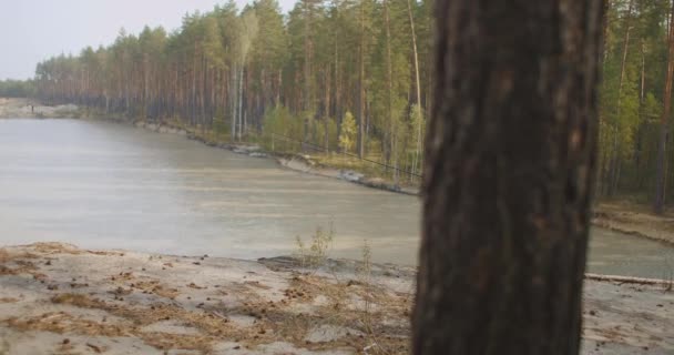 Medelålders fiskare går över höga stranden av reservoar eller naturlig sjö i skogen, mete i sötvatten, koppla av och rekreation — Stockvideo