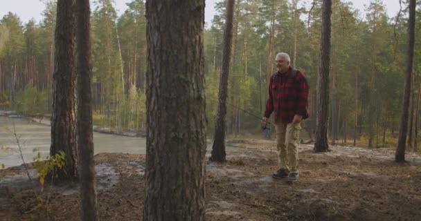 Ensam åldrad vandrare vandrar i skogen på hög strand av reservoar, hålla stång i handen, backpacking och mete — Stockvideo