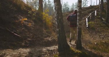 Adam sonbaharda ormanda sırt çantasıyla geziyor, sağlıklı yaşam tarzı için spor aktiviteleri, temiz hava soluyor ve dinleniyor.