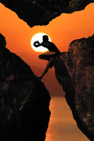 Bergsklättring Man Tar Foto Rock Röd Himmel Sunset Bakgrunden Telefon — Stockfoto