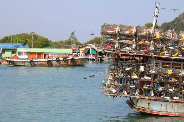 Local Fishing Boats Fish Trap Cages Boat River Coast Thailand — Stock Photo, Image