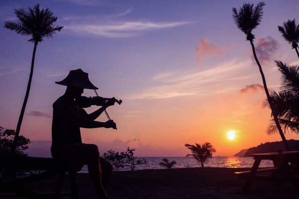 Local musicians, Asian man playing violin on the coconut beach at sunrise , Silhouette artist on purple sky background.
