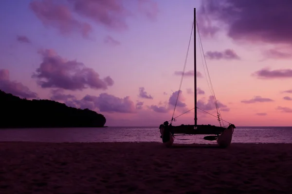 Hobie Gato Catamarán Playa Amanecer Temprano Mañana Silhouette Hombre Asiático —  Fotos de Stock