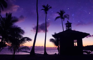 Bir milyon yıldız ve gündoğumu sabah erken ile Hindistan cevizi plaj. Asya adam sahilde küçük kulübe yanında ayakta