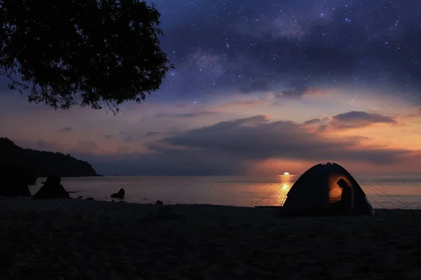 Camping Beach Million Stars Galaxy Shadow Woman Tents Morning Sun — Stock Photo, Image