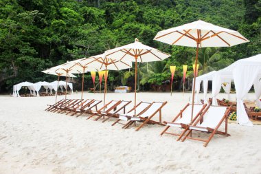 Tropik adada sahilde beyaz şemsiyeli sandalyeler