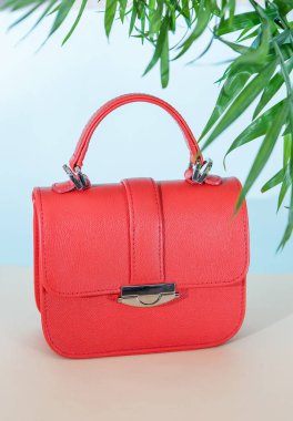 Hafif mavi zemin üzerine kırmızı çanta