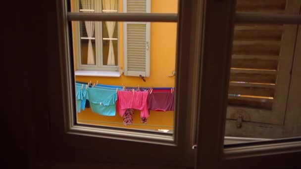 View Window Yellow Wall Building Colored Laundry Vintage Shutters Windows — Stock Video