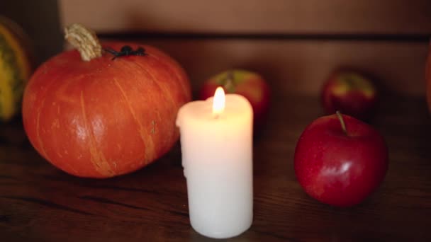 Still Life Pumpkins Wooden Table Candle Theme Feast All Saints — Stock Video