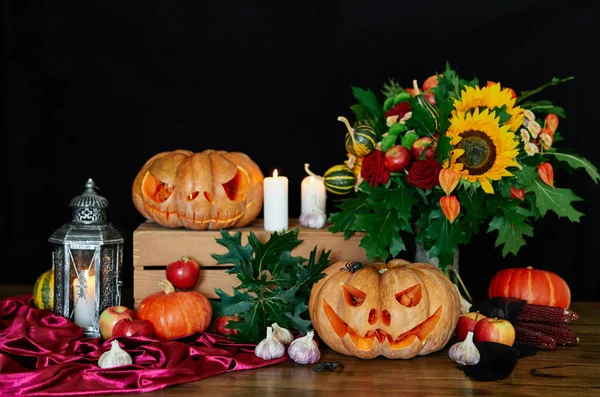 Pumpkins Candles Sunflower Leaves Lantern Other Halloween Attributes Table Halloween — Stock Photo, Image