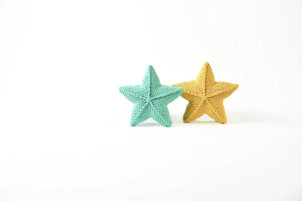 Yellow Blue Green Knitted Five Pointed Star Shaped Pillows White Stock Photo