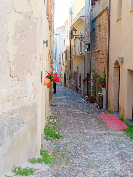 Gyönyörű Szűk Sikátorba Régi Város Alghero Szardínián Olaszország — Stock Fotó
