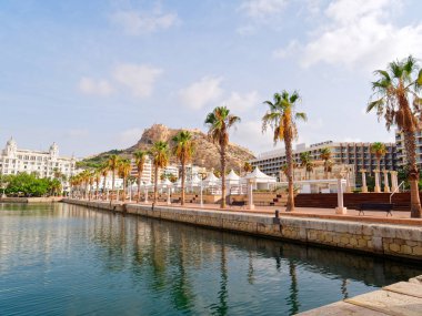 Alicante 'de güzel bir gezinti yeri. Palmiye ağaçları ve liman görünümü. İspanya.