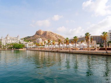 Alicante 'de güzel bir gezinti yeri. Palmiye ağaçları ve liman görünümü. İspanya.