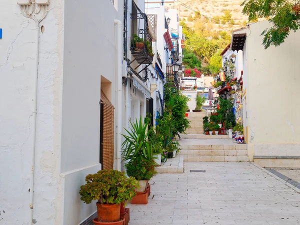 Hermoso callejón estrecho en Alicante. Casco antiguo, Santa Cruz.. España . — Foto de Stock