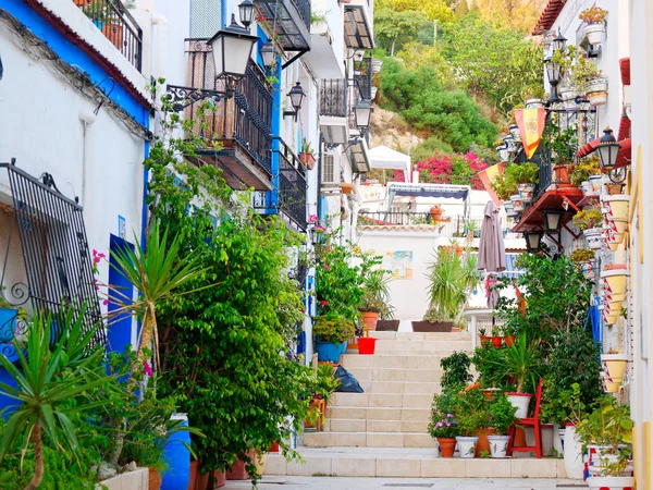 Hermoso callejón estrecho en Alicante. Casco antiguo, Santa Cruz.. España . — Foto de Stock