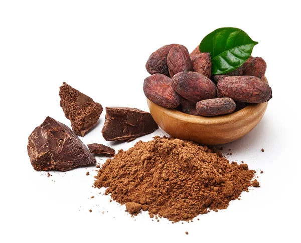 Cocoa beans with cocoa leaf in wooden bowl and cocoa powder with chocolate pieces isolated on white