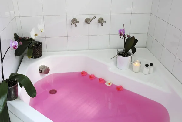 ピンク水で浴槽のバスルームのインテリア — ストック写真