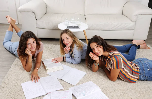 Vrolijke Meisjes Thuis Studeren — Stockfoto