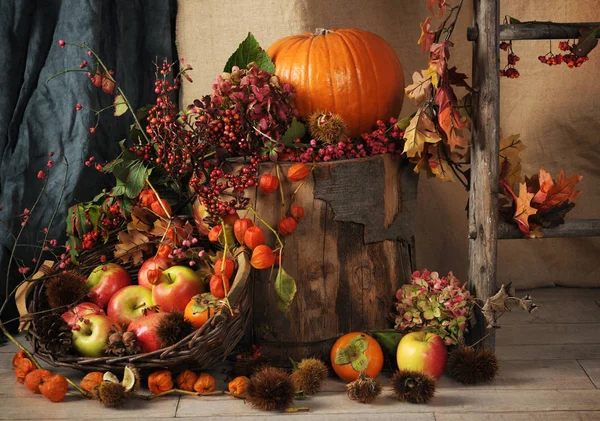 Rustikales Stillleben Aus Herbstlichem Obst Nüssen Und Gemüse — Stockfoto
