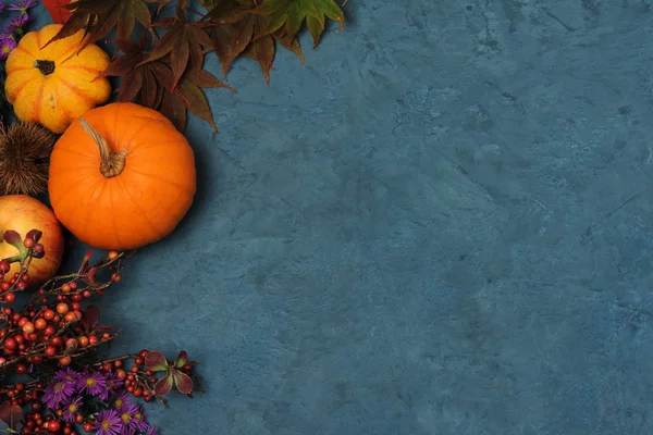 Anordnung Von Herbstlichem Obst Und Gemüse Auf Blauem Hintergrund — Stockfoto