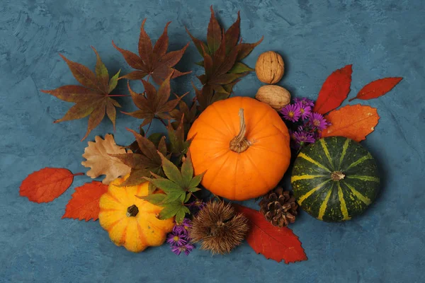 Arrangement Autumnal Fruits Vegetables Blue Background — Stock Photo, Image