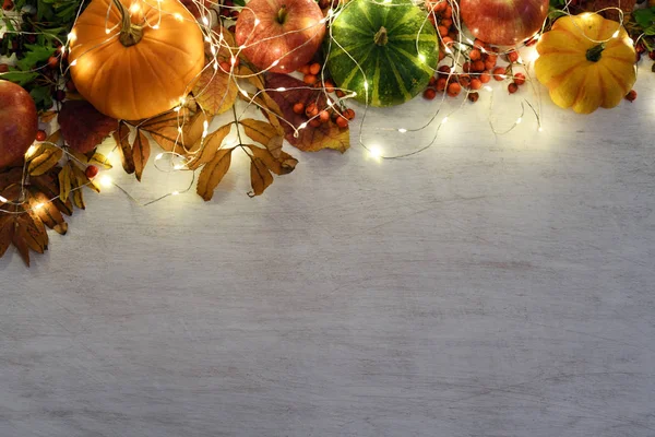ライトのガーランドと秋の果物や野菜のフレーム — ストック写真