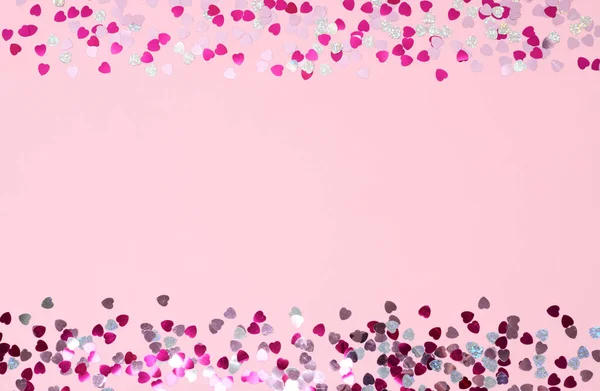 Cadre Coeurs Confettis Sur Fond Rose — Photo