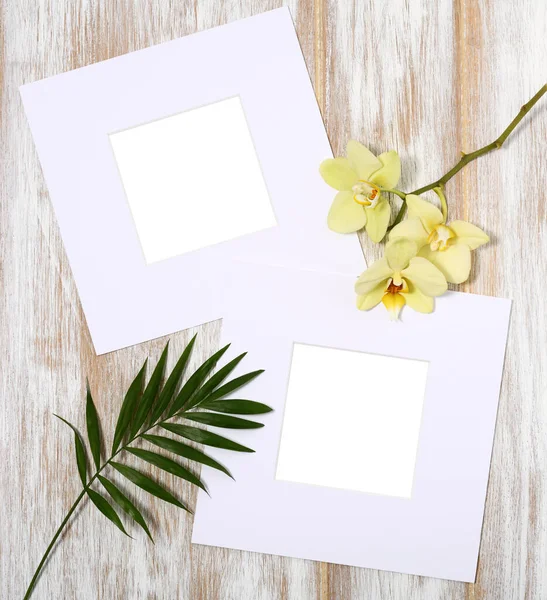 Cadres Papier Avec Orchidée Jaune Feuilles Palmier Sur Fond Bois — Photo