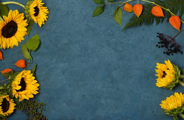 Πλαίσιο Από Ηλιοτρόπια Μπλε Φόντο — Φωτογραφία Αρχείου
