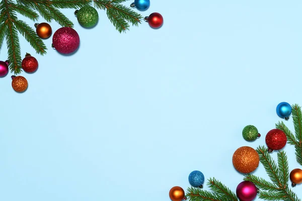 Christmas Frame Fir Branches Colored Baubles Blue Background — Stock Photo, Image