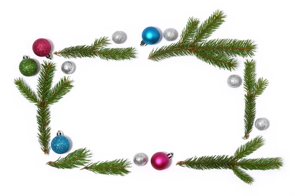 Christmas Frame Fir Branches Colored Baubles White Background — Stock Photo, Image