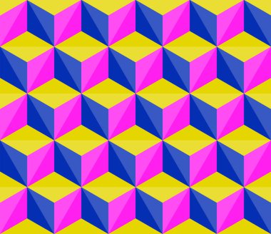 Kesintisiz geometrik desen vektör mozaik arka plan renkli soyut tasarım sanat 3d görünümlü küpleri ile kareler üçgenler sıcak pembe sarı mavi yaptım