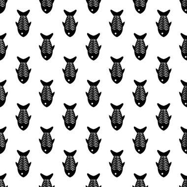 Dikişsiz hayvan desen vektör arka plan tek renkli sanat sevimli balıklar siyah ve beyaz