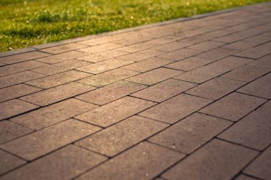 Kaldırım döşeme ve çim çim yükselen güneşin yansıması.