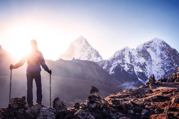 Wandelaar met rugzakken bereikt de top van de bergtop. Succes, vrijheid en geluk, prestatie in de bergen. Actief sportconcept. — Stockfoto