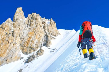 Sırt çantalı dağcı Everest 'in zirvesine ulaşır. Başarı, özgürlük ve mutluluk, dağlarda başarı. Etkin spor konsepti.