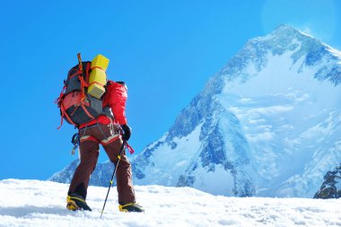 Dağcı Everest 'in zirvesine ulaşır. Dağ zirvesi Everest. Dünyanın en yüksek dağı. Ulusal Park, Nepal